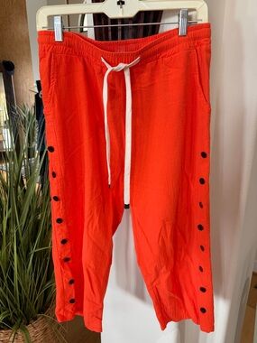 Bright Orange Button-Trim Capris with Drawstring